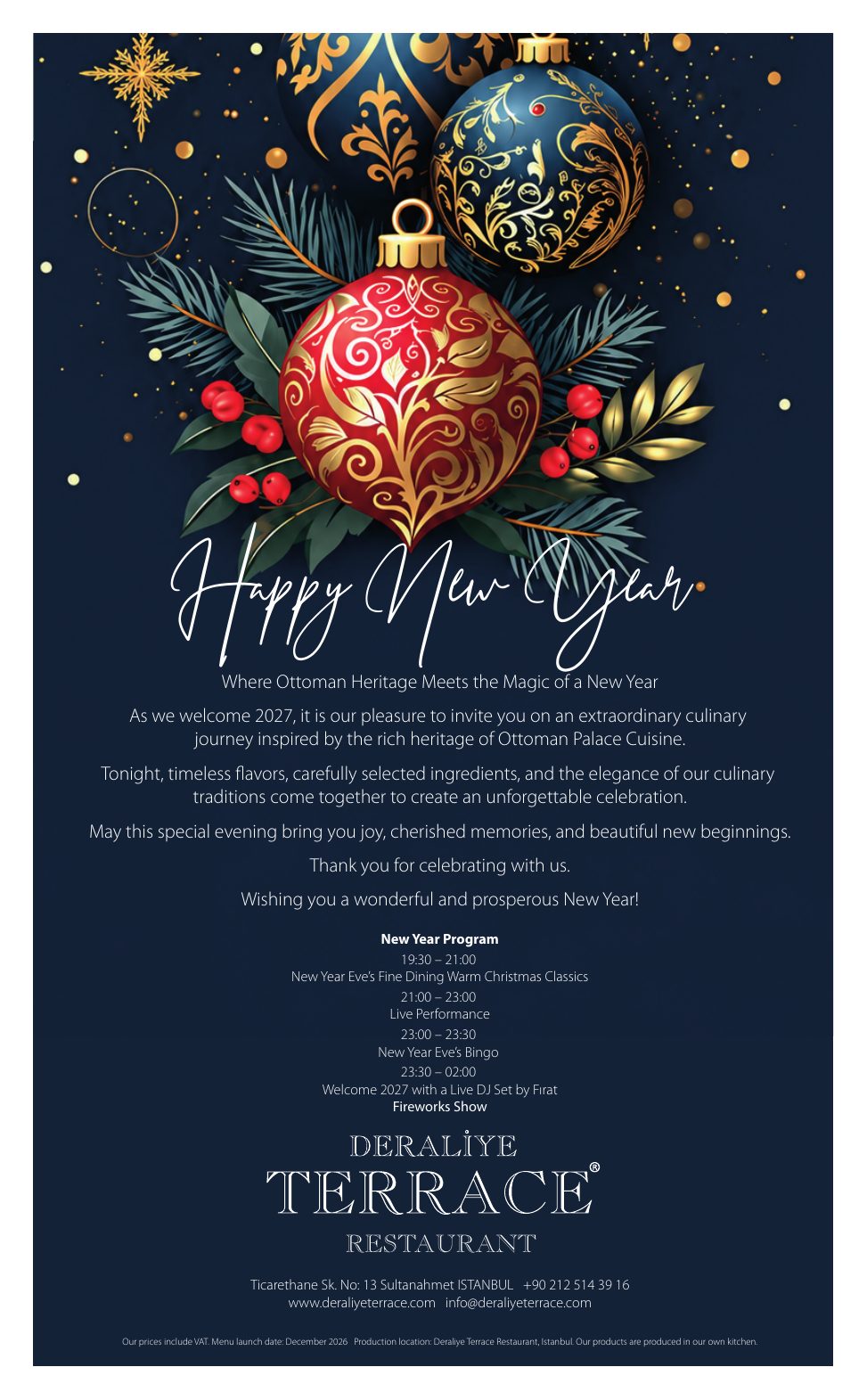 Deraliye Terrace - Happy New Year 2027 karşılama ve yılbaşı gecesi programı